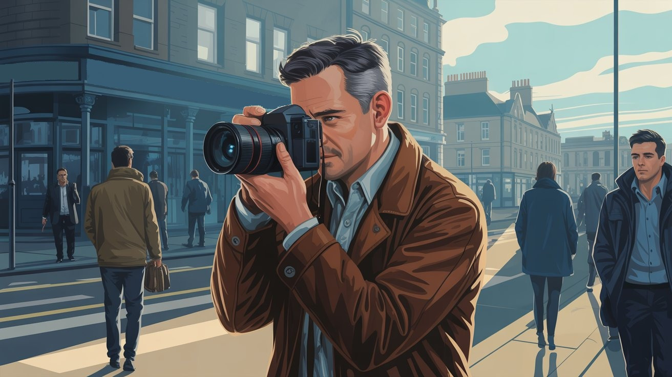 illustrierter Privatdetektiv mit Kamera in Dundee (Schottland, UK); Privatdetektei Dundee (Schottland, UK), Detektivagentur Dundee (Schottland, UK), Wirtschaftsdetektei Dundee (Schottland, UK), Detektiv-Team Dundee (Schottland, UK)