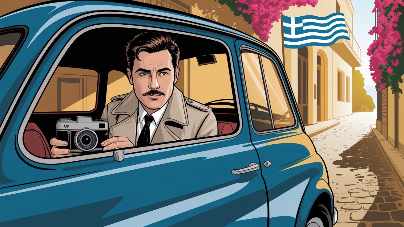 Comic-Detektiv im Auto in Griechenland; Privatdetektei Mykonos, Griechenland, Detektivagentur Mykonos, Griechenland, Privatermittler Mykonos, Griechenland
