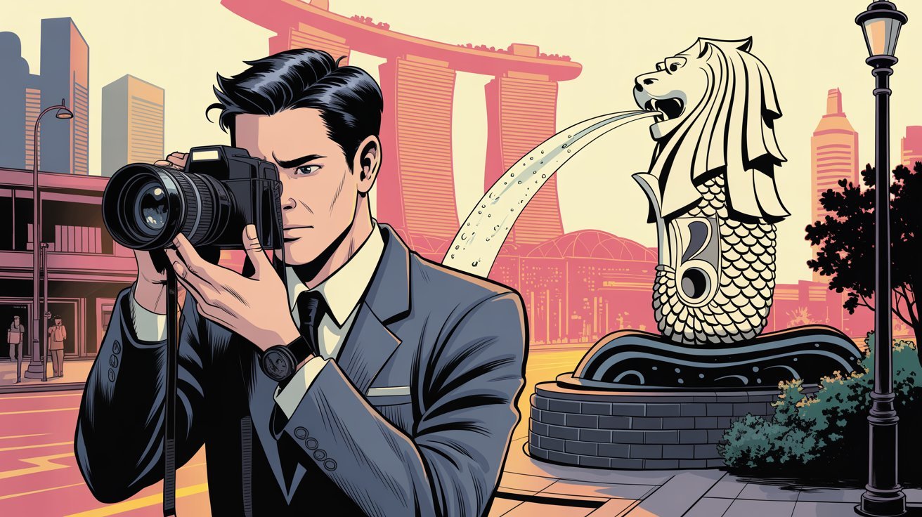 Comic-Detektiv mit Kamera vor Merlion-Statue in Singapur; Privatdetektei Singapur, Detektivagentur Singapur, Wirtschaftsdetektei Singapur, Detektiv-Team Singapur