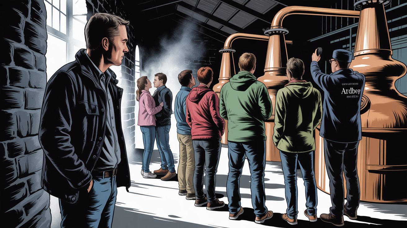 illustrierter Privatdetektiv beobachtet Zielpersonen bei Ardbeg-Destillery-Tour auf Islay (Schottland, UK); Privatdetektei Islay (Schottland, UK), Detektivagentur Islay (Schottland, UK), Wirtschaftsdetektei Islay (Schottland, UK), Detektiv-Team Islay (Schottland, UK)