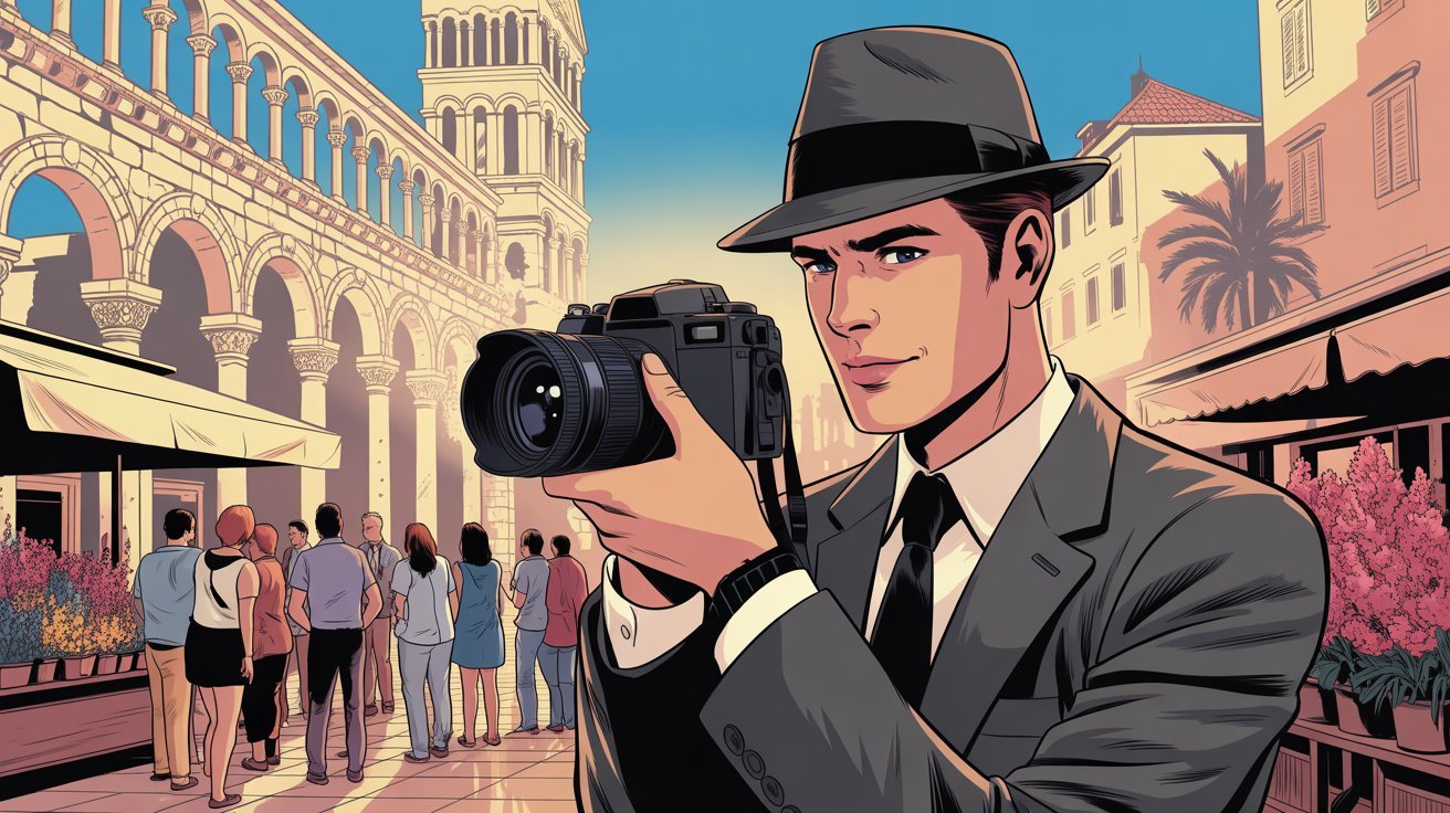 Comic-Detektiv mit Kamera vor Diokletianspalast in Split, Kroatien; Privatdetektei Kroatien, Detektivagentur Kroatien, Wirtschaftsdetektei Kroatien, Detektiv-Team Kroatien