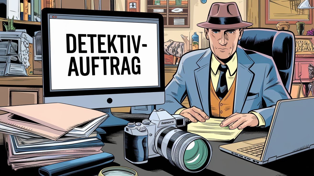 Comic-Stil-Detektiv mit iMac und Aufschrift "Detektiv-Auftrag"; Detektei in München, Detektiv in München, Privatdetektiv in München, Detektivagentur in München