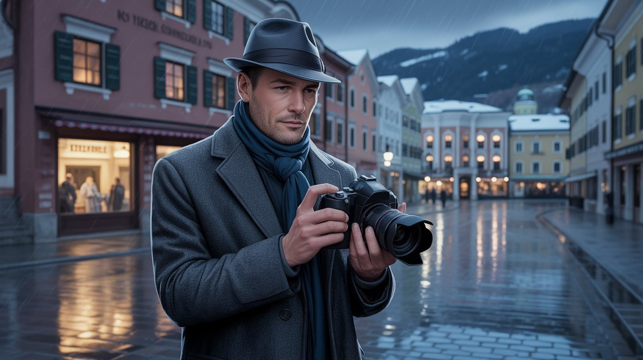 illustrierter Privatdetektiv mit Kamera in Sölden (Tirol, Österreich); Detektei Sölden (Tirol, Österreich), Privatdetektiv Sölden (Tirol, Österreich), Detektiv Sölden (Tirol, Österreich)