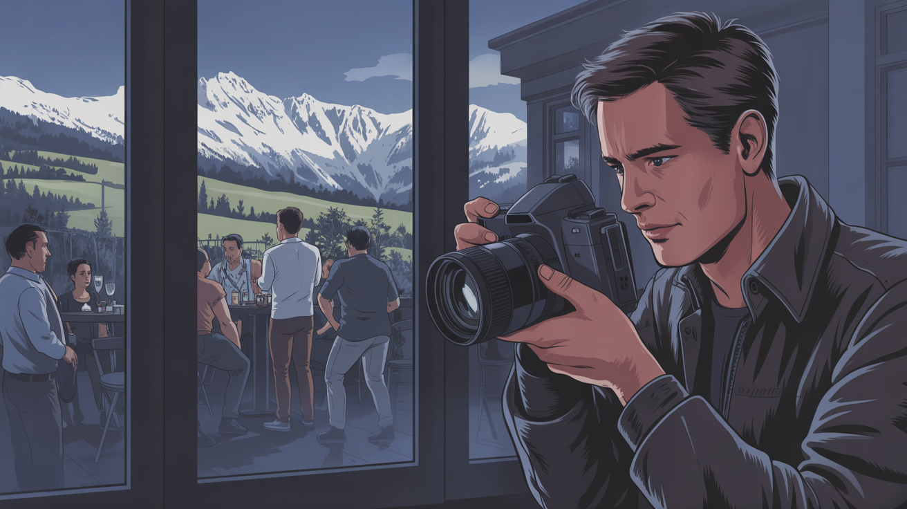 illustrierter Detektiv mit Kamera in Kitzbühel, Tirol, Österreich; Privatdetektei Kitzbühel, Tirol, Österreich, Detektivagentur Kitzbühel, Tirol, Österreich, Privatermittler Kitzbühel, Tirol, Österreich